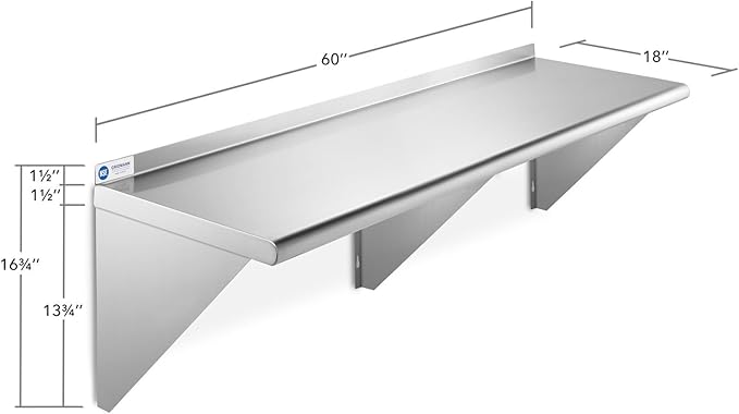 Certified 18 x 60 Commercial-Grade Stainless Steel Wall Mount Shelf with Backsplash - Durable 18 Gauge Shelving for Restaurant Kitchen Utility Room and Garage