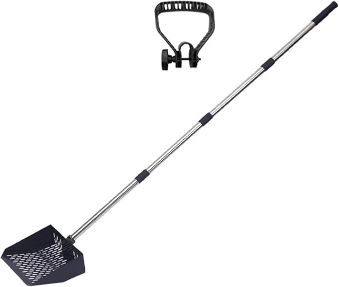 Adjustable manure shovel made of stainless steel with ergonomic and sieve plate for poultry farms. Durable manure shovel made of iron with rubber chain