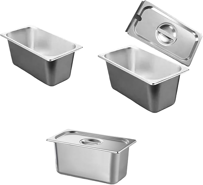 Stainless Steel TubStainless Steel 1/3 Size Kitchen Pan with Lid for Commercial Food Preparation and Space Saving Storage Container Tub