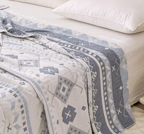 ITFRO Boho Cooling 3 Layer Cotton Muslin Blanket for Hot Sleepers Twin Size 60x80 Inches Lightweight Breathable Reversible Summer Camping Blanket All Seasons for Couch Sofa Bed (Boho Blue 60x80)