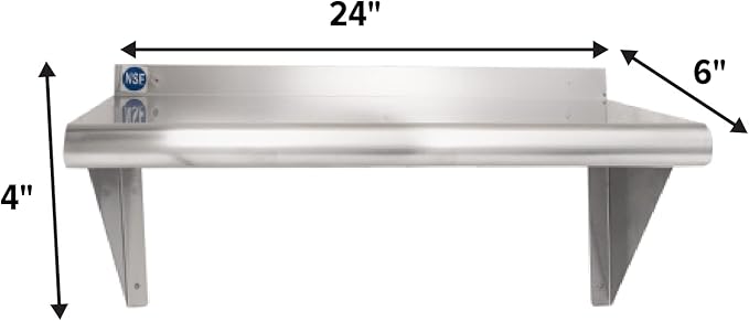 NSF Certified 18 Gauge Heavy Duty Stainless Steel Wall Shelf with Brackets for Kitchens Utility Rooms Storage Offices &amp Home (24x6)