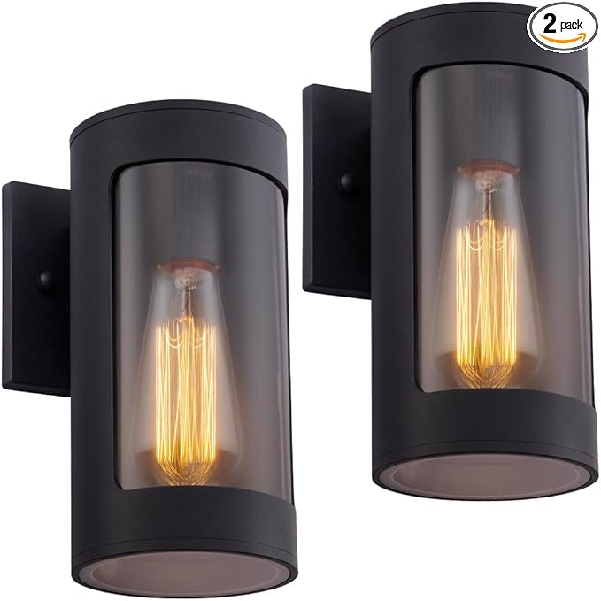 Cerdeco Black Outdoor Wall LightsCylinder Aluminum Porch Light with Transparent GlassModern Outdoor Wall Sconces2 Pack