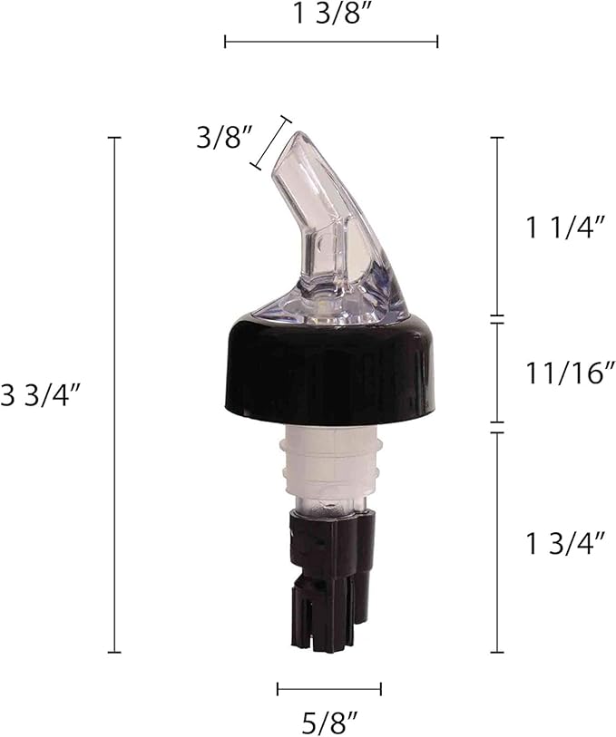 TrueCraftware- 5/8 oz Measured Liquor Pourer with Black Tail &amp Collar Acrylonitrile Set of 12- Cocktail Shot Dispenser Liquor Bottle Pourers Alcohol Liquor Pourers Bar Bartender Accessories