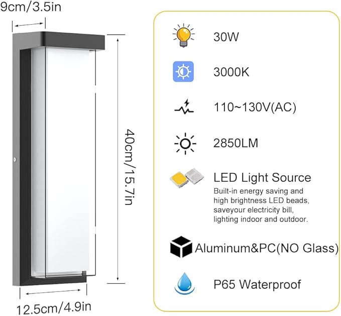 Sytmhoe Modern 2Pack Outdoor Wall Light Fixture16in 10%-100% Dimming LED Porch&ampPatio Wall Light Fixture3000K Black Exterior Sconce Light Mounted for House Garage Porch Courtyard(2Packs)