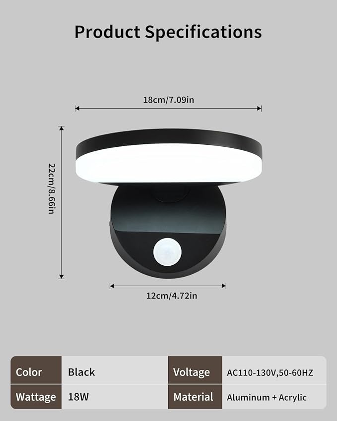 Wired Motion Sensor Outdoor Lights Fixtures LED 18W Modern Exterior Porch Lights Wall Sconces Light for Doorway Patio Garage Matt Black Round 6000K Cool White