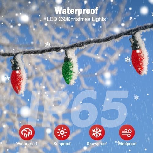 Minetom 147 FT 200 LED C9 LED Christmas Lights Outdoor - Plug in Fairy Lights with Timer &amp 8 Modes Waterproof Commercial Grade Extendable for Indoor Outdoor Roofline Patio Yard Xmas Red and Gree
