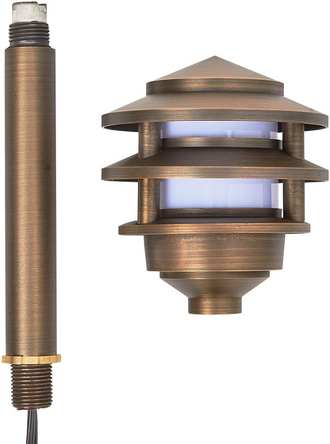 VOLT 12V 3-Tier Brass Pagoda Path Light (Bronze) for Low Voltage Landscape Lighting on Outdoor Pathway Walkway Garden Driveway or Patio