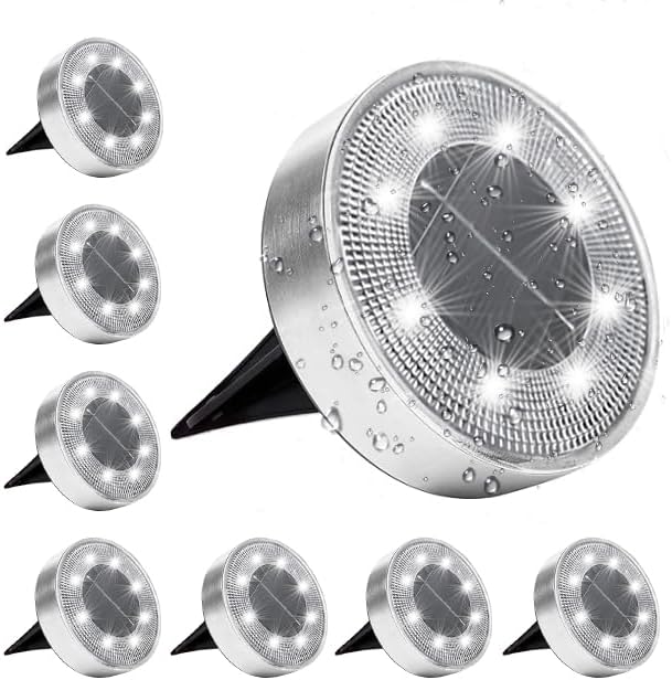 Siatom Stainless Steel Solar Ground Lights 8 Pack IP68 Waterproof Solar In-Ground Light for Outdoor Flat Landscape Lighting Garden Disc Light for Pathway Walkway and Yard - 8 Pcs (Cold White)