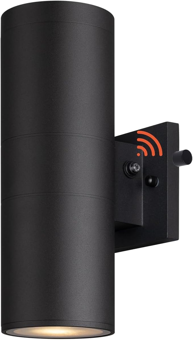 mirrea Modern Outdoor Porch Light Patio Light in 2 Lights Dusk to Dawn Photocell Sensor with Matte Black Aluminum Cylinder and Tempered Glass Cover Waterproof Wall Sconce