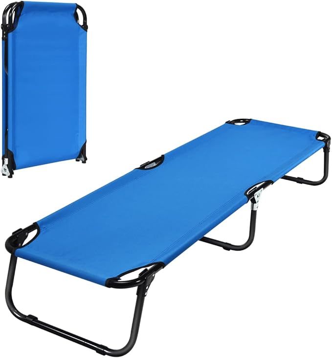 Goplus Folding Camping Cot Heavy Duty Collapsible Foldable Camping Bed for Adults Kids with Non-Slip Foot Pad Indoor Outdoor Portable Sleeping Cot for Hiking Camping Fishing (Blue)
