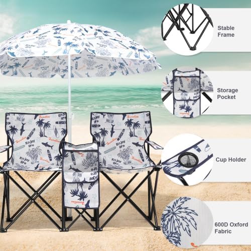 VINGLI Beach Chair with Umbrella for Adults Double Camping Chair with Canopy &amp Cooler Fold-Up Table Carrying Bag Folding Chair for Outdoor (Coconut Tree Patten)