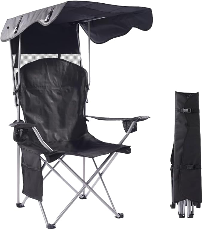 EZONE Folding Canopy Camp Chair for Outdoors Shade Canopy Portable Chair Camping Tailgates Beach Pool Lawn Chair Sunshade Travel Chair Folding Camping Chair (Black)