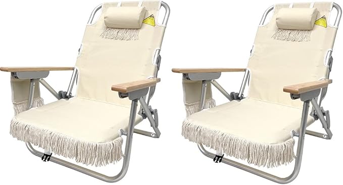 EASYGO PRODUCTS Tassel Backpack Beach Chair - 5 Positions and Cup Holder Pouch on Side - Padded Pillow - Storage Bag on Back - Lightweight Rustproof Aluminum - Black Frame 2 Pack TAN
