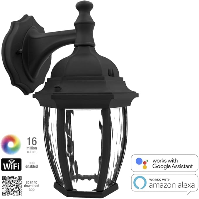 Maxxima Luvoni Smart WiFi LED Outdoor Wall Light Black w/Clear Water Glass App Controlled Porch Lantern 850 Lumens CCT 2700K - 6500K Dimmable Works with Google Home/Alexa