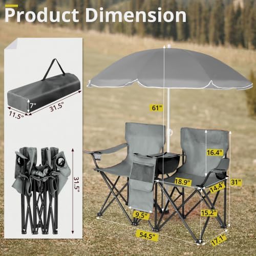 Camping Chairs Folding Double Chair with Removable Umbrella Cup Holders Cooler Bag Side Pocket &amp Carry Bag for Beach Outdoor Sports Concerts Travel Picnic