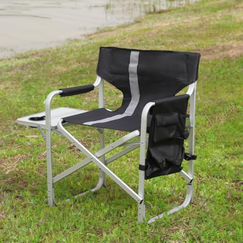 1-Piece Padded Folding Outdoor Chair with Side Table and Storage PocketsLightweight Oversized Directors Chair for Indoor Outdoor Camping Picnics and FishingBlack/Grey