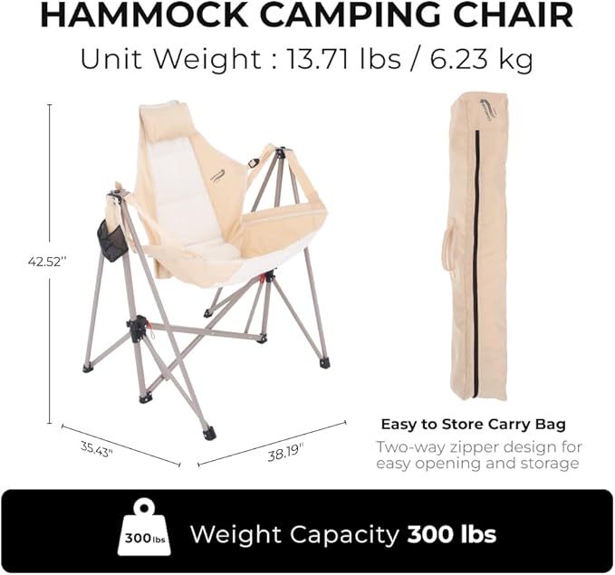 Portable Swing Hammock Chair | Foldable Recliner Rocking Lounger with Headrest &amp Drink Holder | Outdoor Sports Beach Lawn Hunting Tailgating Fishing | Supports 300Lbs (Beige)