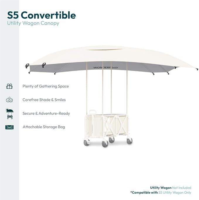 WONDERFOLD Sun Shade Canopy for S5 Convertible Utility Wagon - Large Umbrella with Sturdy Attachment &amp Plenty of Shade Around Your Utility Cart Beige