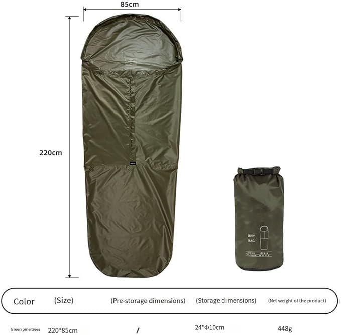 Ultralight Waterproof Bivy Sack Sleeping Bag 70D Ripstop Nylon with Heat Reflective Coating for Camping Hiking and Outdoor Survival Gear(GREEN)