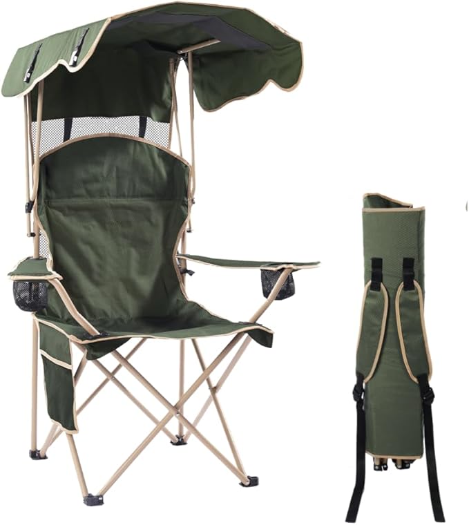 EZONE Folding Canopy Camp Chair for Outdoors Shade Canopy Portable Chair Camping Tailgates Beach Pool Lawn Chair Sunshade Travel Chair Folding Camping Chair (Upgraded - Olive Green)