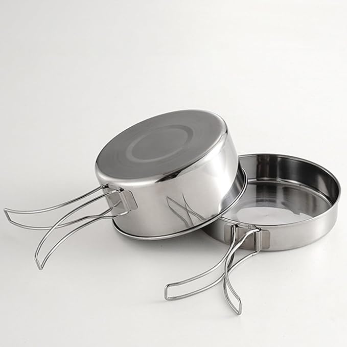 Stainless Steel Camping Cookware Set Portable 4pcs Pot Pan with Foldable Handles Easy-Clean Outdoor Cooking Utensils for Hiking and Backpacking