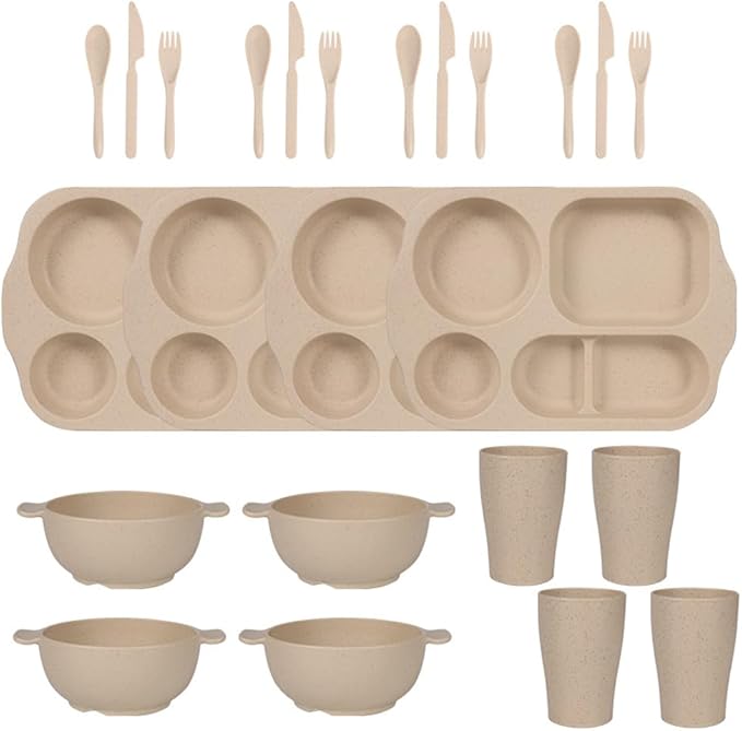 24 Pcs Wheat Straw Dinnerware Cutlery SetsUnbreakable Divided Plates Bowls Cups Spoon Knife Fork for 4 PeopleMicrowave Dishwasher Safe Tableware Cutlery for Party and Daily UseBeige