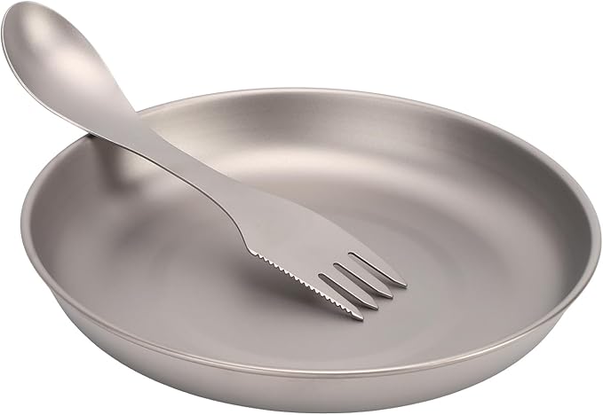 3 in 1 Ti Camping Utensil Set with Plate Durable Lightweight Reusable Outdoor Picnic Dish for Hiking Backpacking Travel Designed for Easy Storage and Transportation