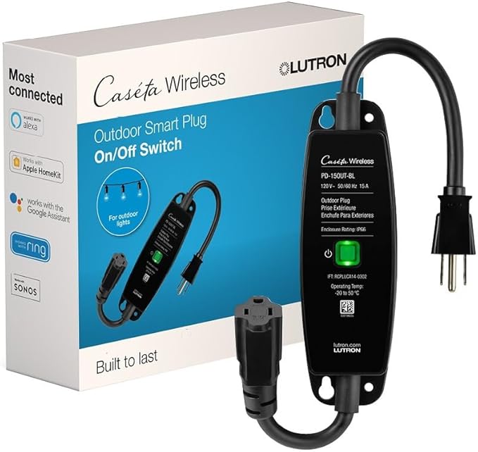 Lutron Outdoor Smart Plug for Caseta Smart Lighting Summer Patio Backyard Outdoor Lights &amp Motors 15A LED Fixtures &amp 1/2 HP Motors PD-15OUT-BL Black