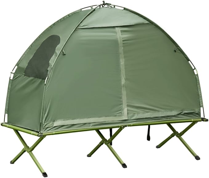 Single Person Elevated Camping Tent Cot Combo: Off-Ground Folding Cot with Attached Weather-Resistant Shelter &amp Carry Bag for Backpacking Hiking and Outdoor Adventures