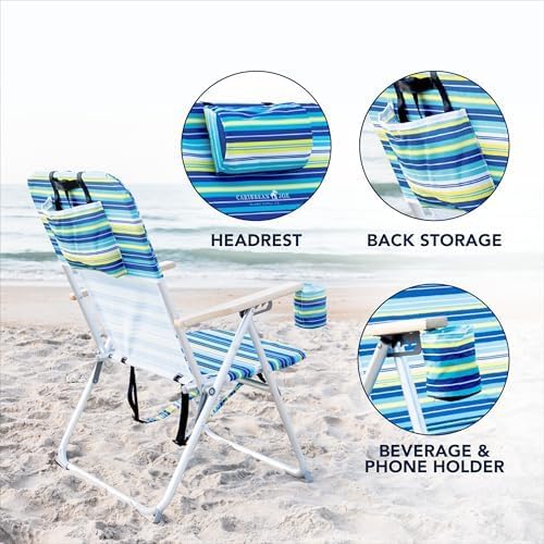 CARIBBEAN JOE Folding Beach Chair 4 Position Portable Backpack Foldable Camping Chair with Headrest Cup Holder and Wooden Armrests