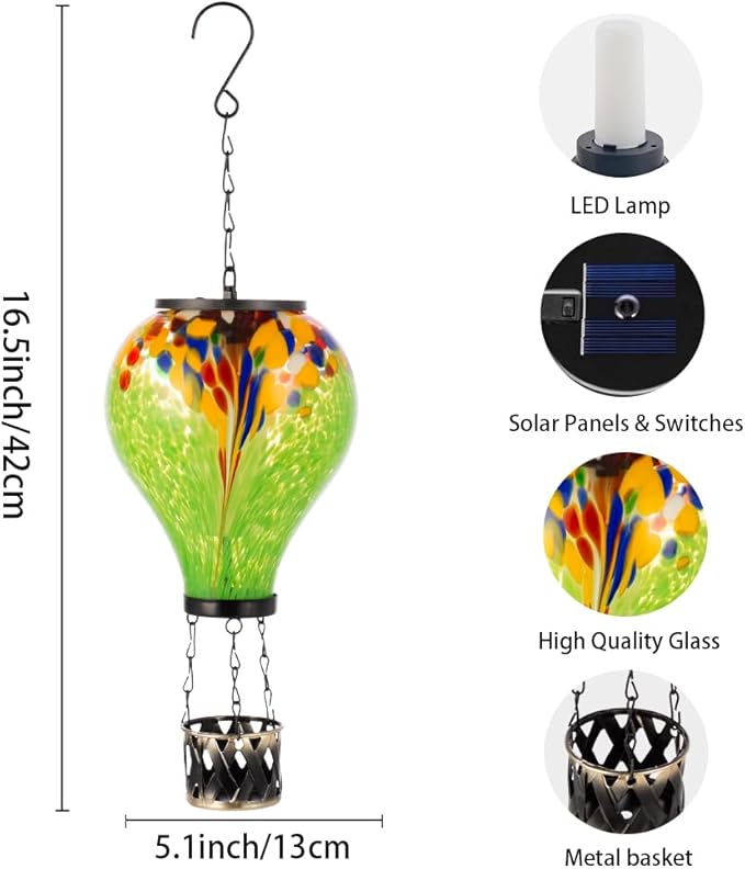 Starsoul Hot Air Balloon Solar Lantern Tie-Dye Style Glass Outdoor Solar Hot Air Balloon Lantern with Flame Light Waterproof Hanging for Garden Yard Patio Decor
