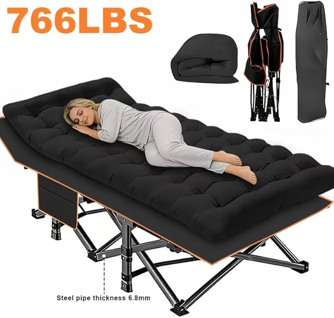 60/75-inch Options Available Mattress Optional Folding Camping Bed Portable Folding Guest Bed Weight Capacity 566/766 Lbs Adult Outdoor Travel (Black Thicken - 766 lbs)