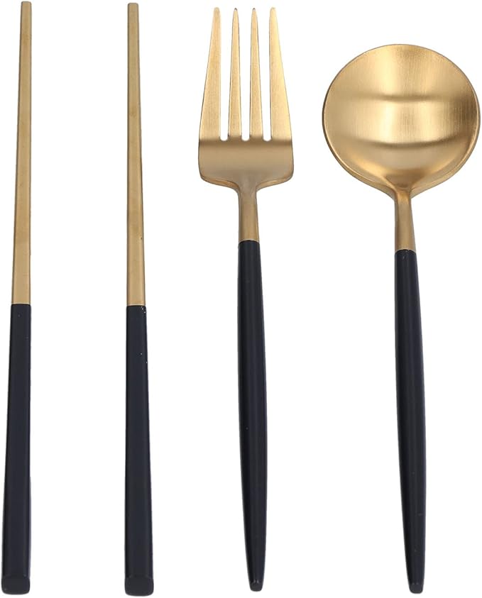 3Pcs Portable Travel Utensils Set Stainless Steel Spoon Fork Chopsticks Dishwasher Safe Cutlery with Anti Shake Groove Storage Box for School Work Outdoor Use (Black gold (black storage box))