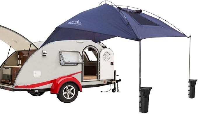 PlayDo Waterproof Teardrop Trailer Awning Portable Car SUV Awning Tent Sun Shelter Canopy for Camping 4 Persons (Blue)