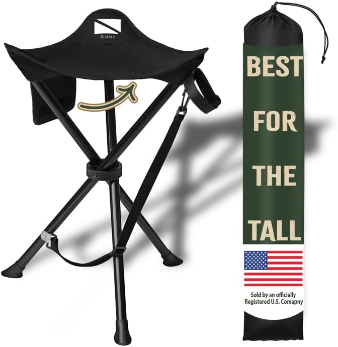 Foldable Tripod Stool - Ultra Portable Seat for Tall People 20” High - Hunting Chair &amp Hidden Zippered Pocket - 2 lb Camping Stool 3 Legged Strong Steel Stool Holds up to 200 lb (Black)