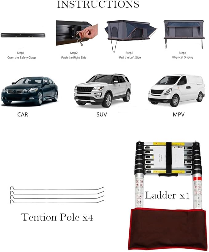 Rooftop Tent Hard Shell Overland Rooftop Tent for Van Jeep SUV Truck Car TentAluminum Alloy roof Tent Waterproof 2-3 Peoplepop up tents for camping Large Black ASANEST-002