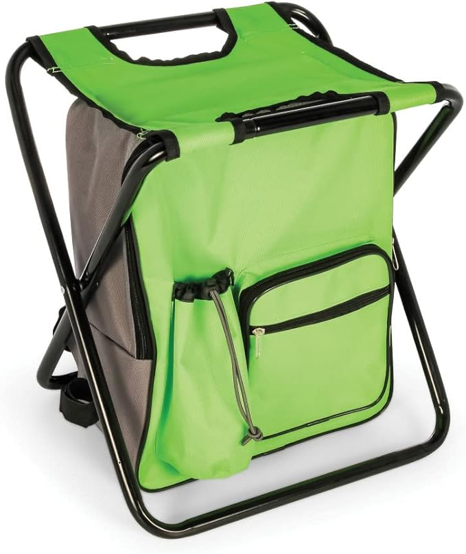 Camco Folding Camping Stool Backpack Cooler Trio- Camping/Hiking Bag with Waterproof Insulated Cooler Pockets and Sturdy Legs for Seating Great for Travel- Green (51909)