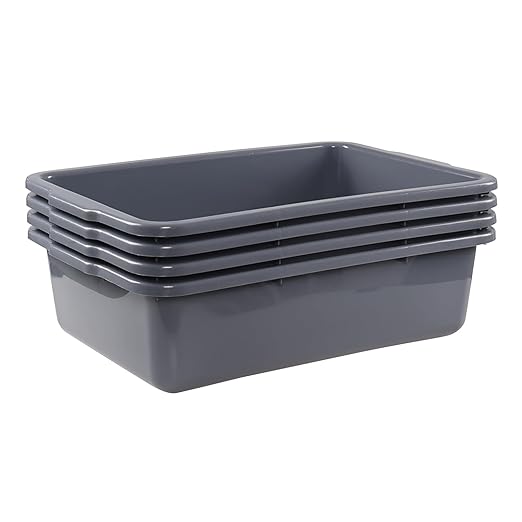 4-Pack 32 L Large Bus Tubs Commercial Tote Box Plastic Bus Box Grey Restaurant Wash Basin/Dish Washing Tub for Kitchen Organization/Storage