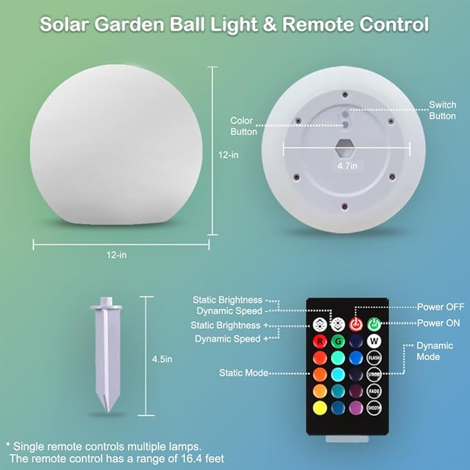 12-inch Dimmable Solar Globe Light RGB 16 Color Changing Large Glowing Orb Light w/Remote Waterproof Outdoor Solar Ball Lights with Ground Stake Perfect for Backyard Garden Poolside