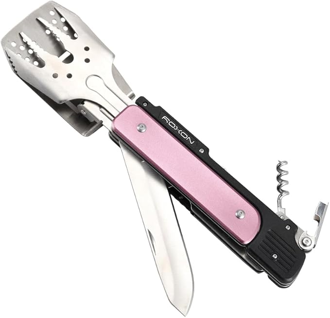 ROXON S601 14 6 in 1 MBT3 Folding Grill Utensils Set Fork Spatula Grilling Knife Tongs Opener for Backyard Barbecue and Camping (Pink)