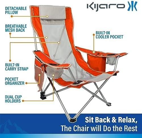 Kijaro Beach Sling Chair with Cooler Pocket - Various Fun Colors &amp Patterns - Perfect Beach Folding Chair and Camping Chair - Includes a Detachable Pillow