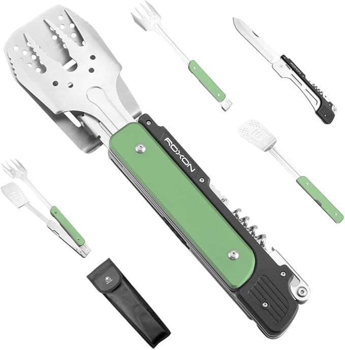 ROXON S601 14 6 in 1 MBT3 Folding Grill Utensils Set Fork Spatula Grilling Knife Tongs Opener for Backyard Barbecue and Camping(Green)
