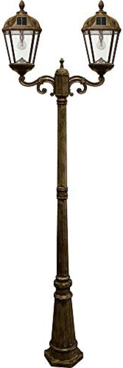 Gama Sonic Outdoor Solar Lamp Post Light Kit Royal Bulb 300 Lumens Double Head Weathered Bronze Cast Aluminum Post Lamp and Light Pole Warm White Light 2700K 98B302 (Upgraded Battery and Panel)