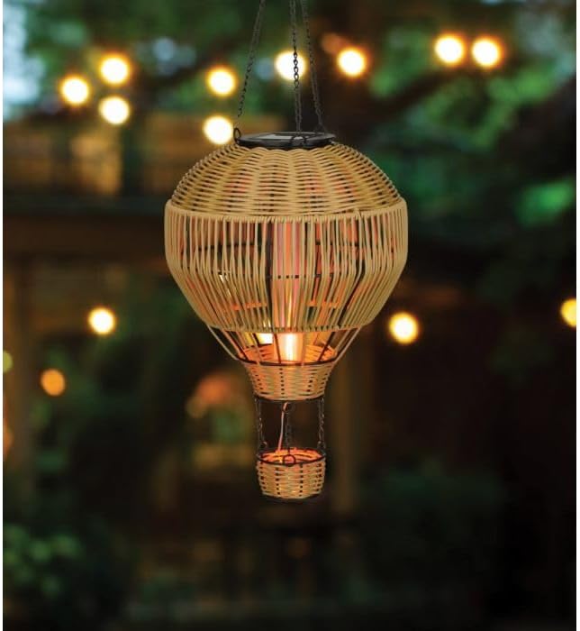 Regal Art &amp Gift Hot Air Balloon Solar Lantern – Hanging Solar-Powered LED Lights Waterproof Portable Decorative Outdoor Lamp Made of Metal &amp Glass for Garden Patios &amp Pathway – Wicker (