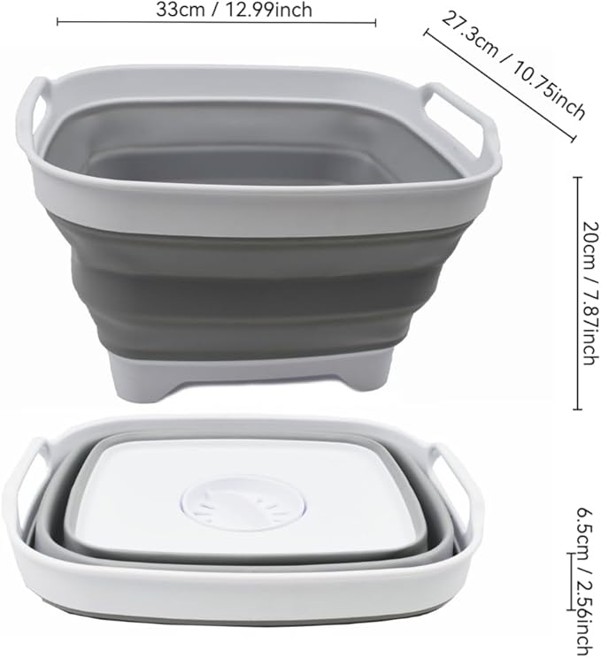 SAMMART 7.5L (2 Gallons) Collapsible Dishpan with Draining Plug - Foldable Washing Basin - Portable Dish Washing Tub - Space Saving Kitchen Storage Tray (White/Grey 1)