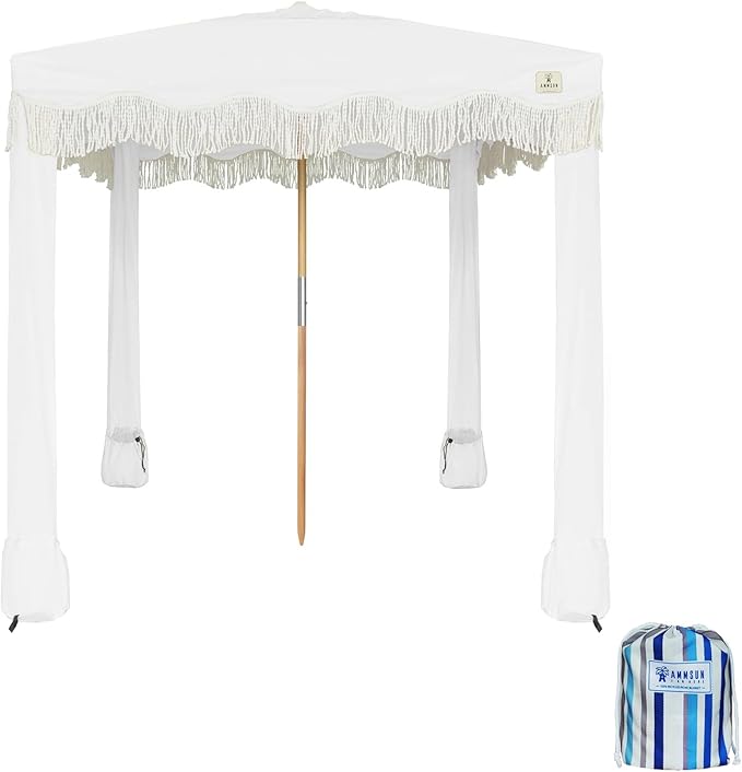 AMMSUN Beach Cabana with Beach Blanket 6.5' x 6.5' Boho Canopy with Tassels Premium Wood Pole Fringe Cabana Tent with Sand Pockets Instant Sun Shade for Sand Garden Outdoor Elegant White