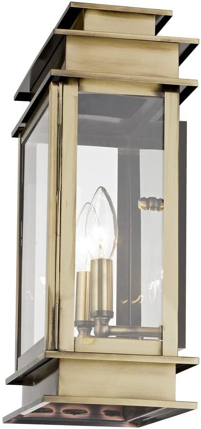 Livex Lighting 2016-01 Transitional Two Light Outdoor Wall Lantern from Princeton Collection Finish Antique Brass