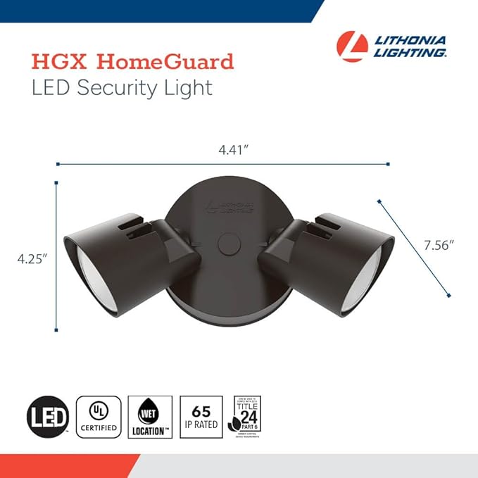 Lithonia Lighting HomeGuard 2-Light LED Outdoor Flood Lights Wall or Ceiling Mount Outdoor Lights 4000K Cool White Round Heads Dark Bronze 2-Pack (HGX LED 2RH 40K 120 DDB CP2 M2)