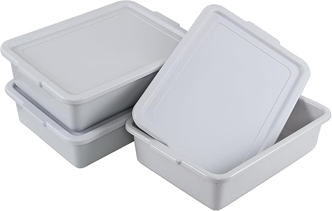 13 Liter Plastic Bus Tubs with Lids Commercial Tote Box Set of 3 Grey