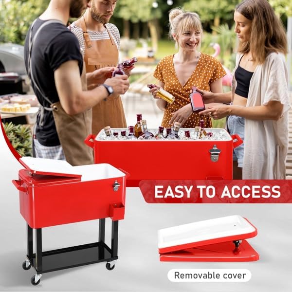 80QT Freezer Cart on Wheels - Red Heavy-Duty Mobile Food Storages Box with Drain Pipe for Restaurant Kitchen Market Portable Cold Storage Box Freezer Kitchen Rolling Storage Container